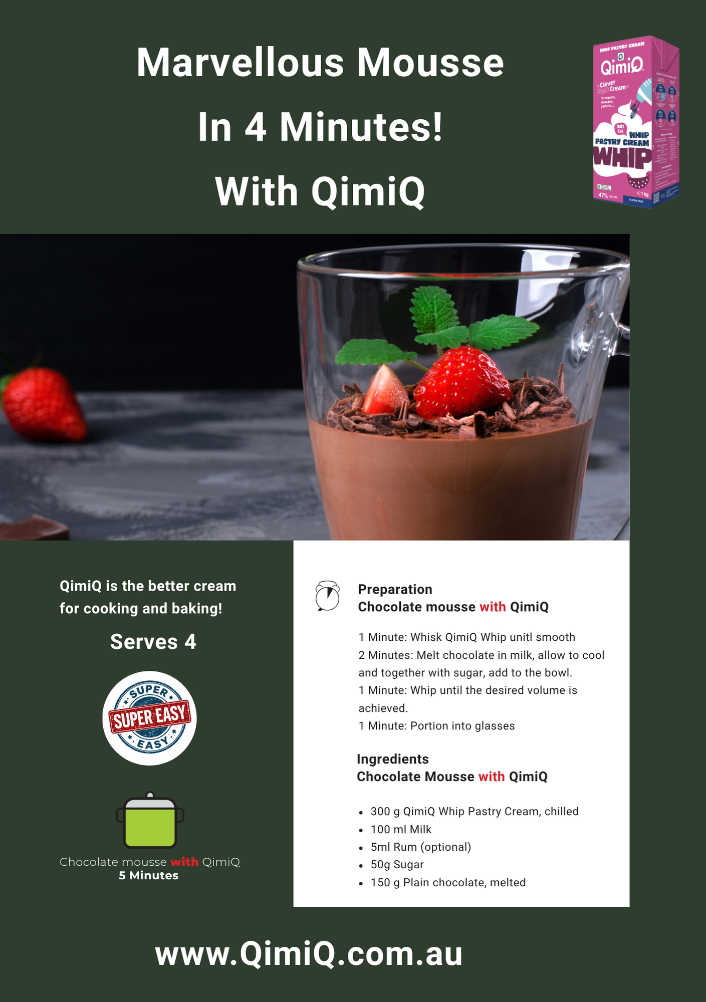 Marvellous chocolate mousse made with QimiQ Whip — Australian whipping cream that won't over-whip