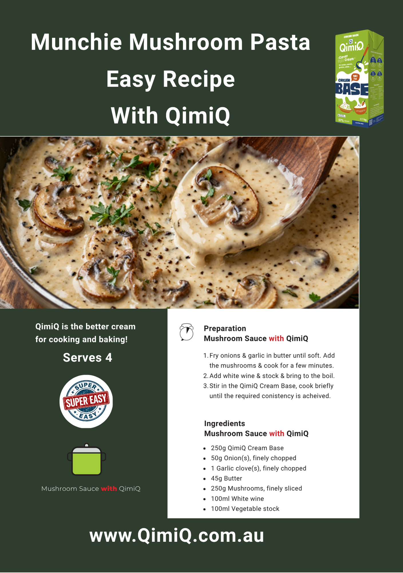 Munchie mushroom sauce made with QimiQ Cream Base — heat-stable Australian cooking cream
