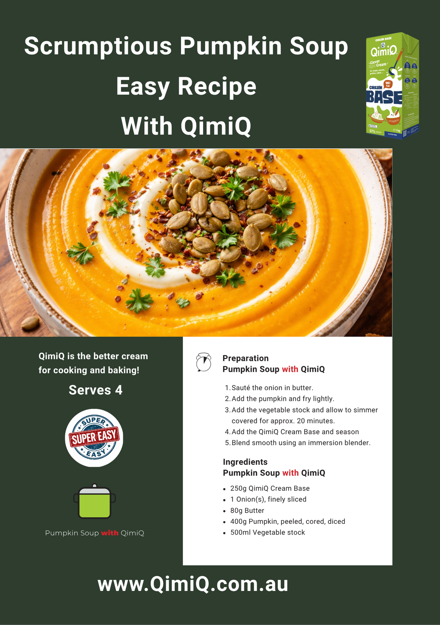 Scrumptious pumpkin soup made with QimiQ Cream Base — Australian cooking cream that won't split